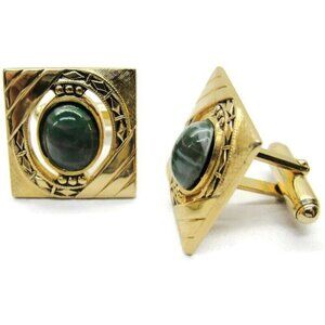 Anson Cufflinks Gold Tone Green Stone Tux Shirt Dress Suit Vintage